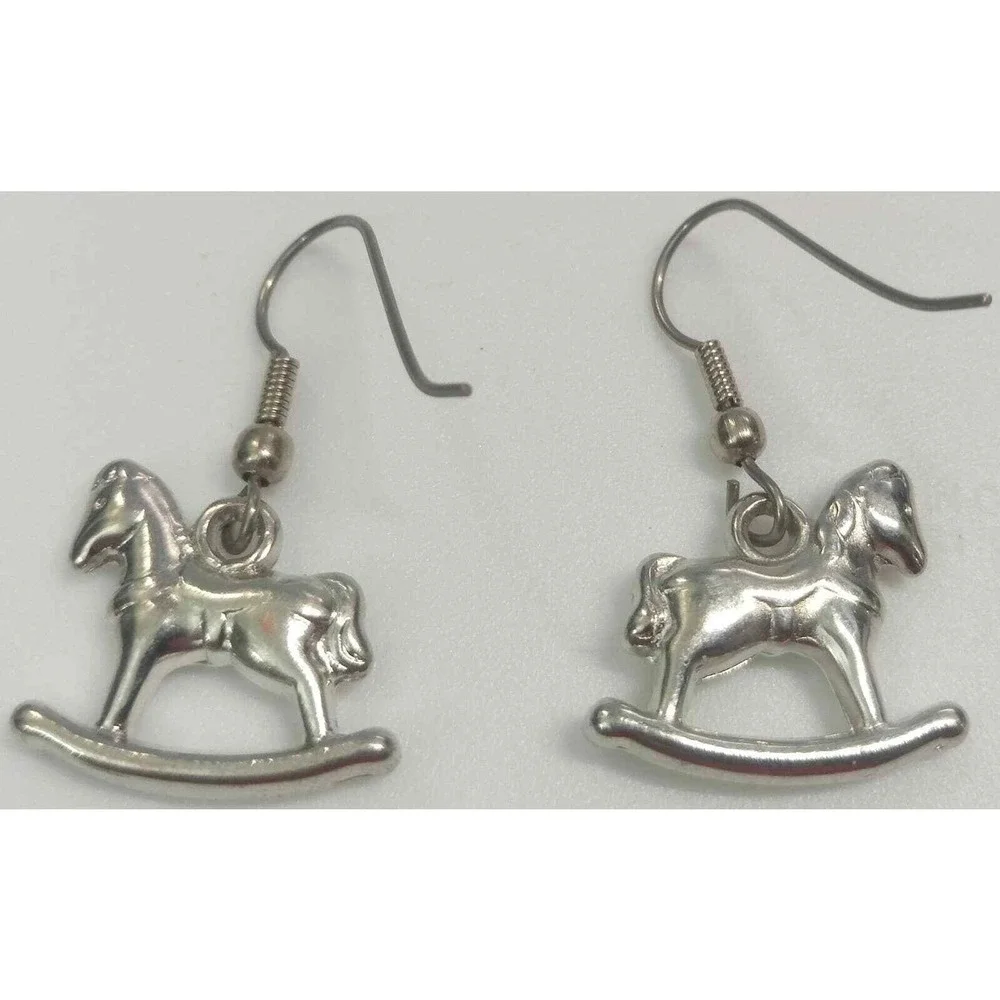 New Rocking Horse Earrings Pendant Charm Set Girls OS Silver Equine Equestrian